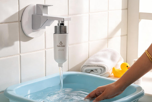 Care Dale filter on a bathroom tap filling a baby bathtub, a parent testing the water beside a towel and rubber duck