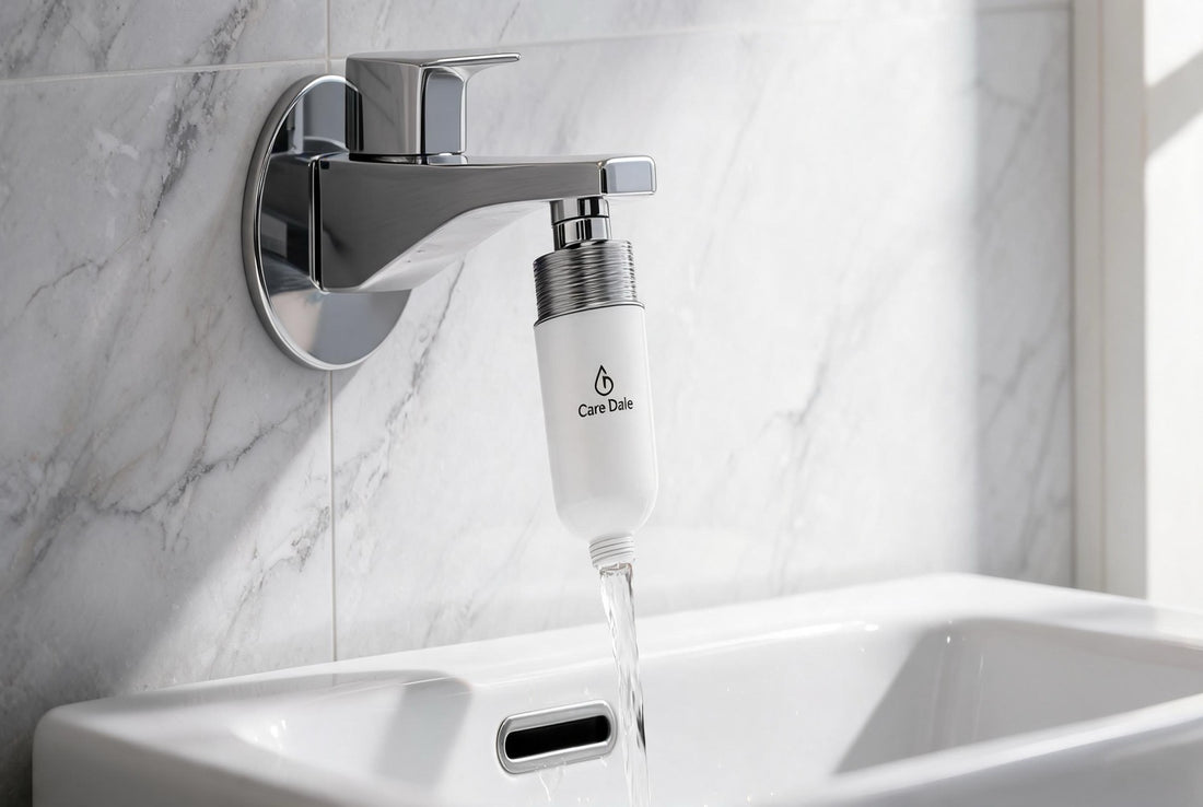 Care Dale tap filter screwed directly onto a chrome bathroom tap spout, filtered water flowing into a white basin - the best tap filter for hard water in India.