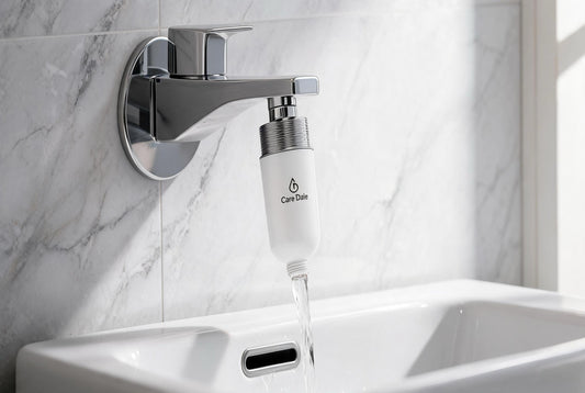 Care Dale tap filter screwed directly onto a chrome bathroom tap spout, filtered water flowing into a white basin - the best tap filter for hard water in India.