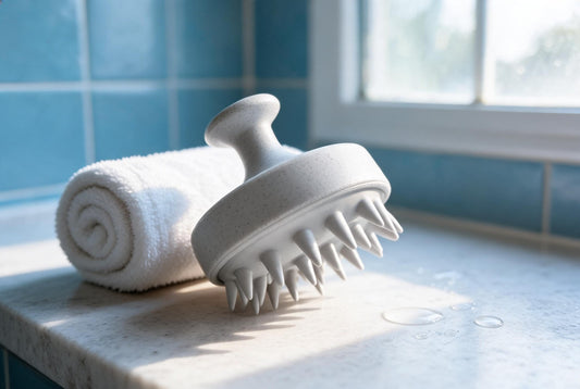 Care Dale scalp massager with soft cone bristles on a bathroom counter beside a rolled white towel