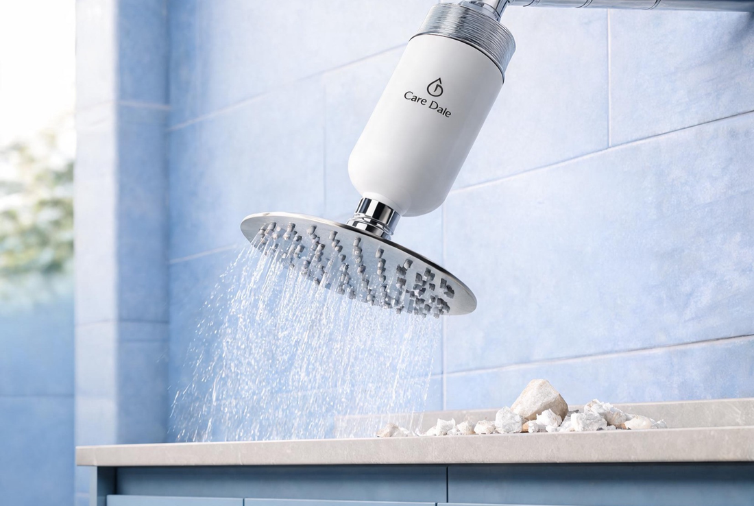 Care Dale shower filter installed on overhead rain showerhead with hard water mineral deposits visible nearby