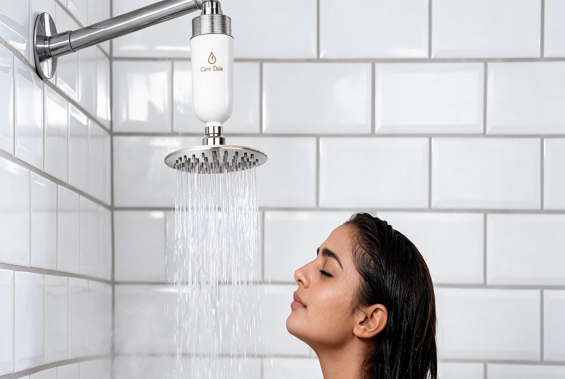 Woman rinsing her hair under a shower fitted with the compact Care Dale filter above the showerhead