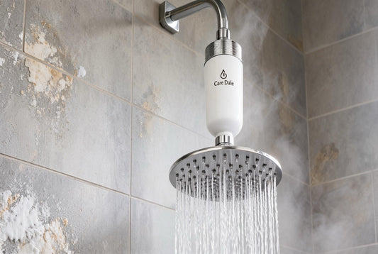 Care Dale shower filter installed above a chrome showerhead, with visible limescale on surrounding tiles - built for heavy borewell water in India.
