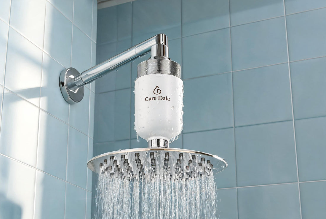 Care Dale shower filter fitted above a showerhead in an Indian bathroom, treating calcium and magnesium hardness