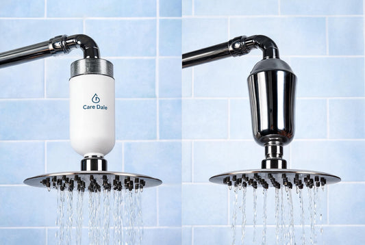 Care Dale shower filter installed inline above a round rain showerhead with a faded imported filter silhouette beside it