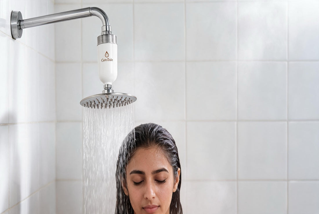 Serene woman showering in soft steam beneath a Care Dale filter fitted above the showerhead