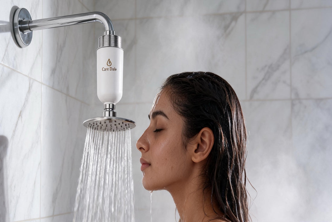 Woman showering beneath a compact Care Dale filter fitted above the showerhead