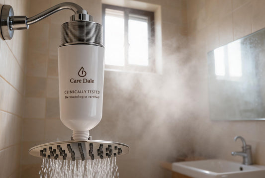 A steam-filled bathroom with the window open and the shower running through a Care Dale filter