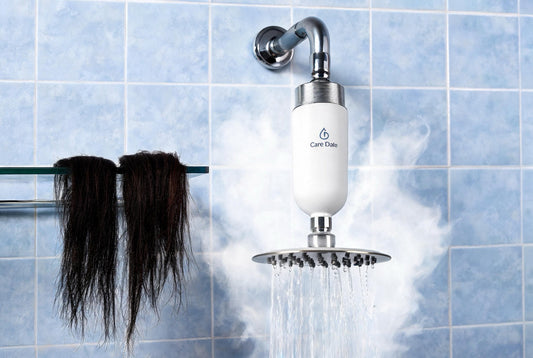 Care Dale shower filter blocks chlorine from Indian tap water, reducing hair damage and breakage