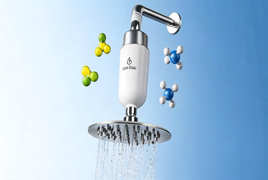 Comparison of free chlorine and chloramine molecular structure in Indian shower water alongside a 3-layer Care Dale shower filter