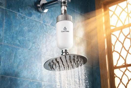 Care Dale shower filter in a Jaipur bathroom, reducing hard groundwater that triggers hair fall and dry skin
