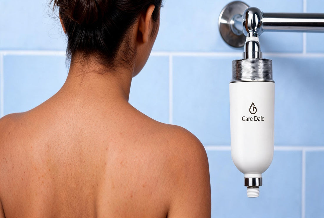 Skin pH meter showing alkaline shift from hard water shower in Indian bathroom, alongside Care Dale ultrafiltration shower filter installed for pH-protective bathing