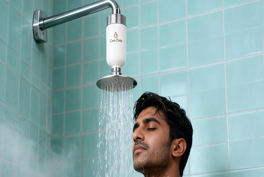 Man showering under a compact Care Dale filter fitted above a small showerhead
