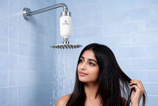 Indian woman with healthy dark hair beside a Care Dale shower filter on the shower arm, reducing hard-water cuticle damage