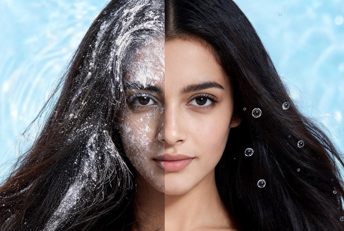 Dark hair shown coated and dull versus smooth and clean - hard water mineral buildup (Care Dale)