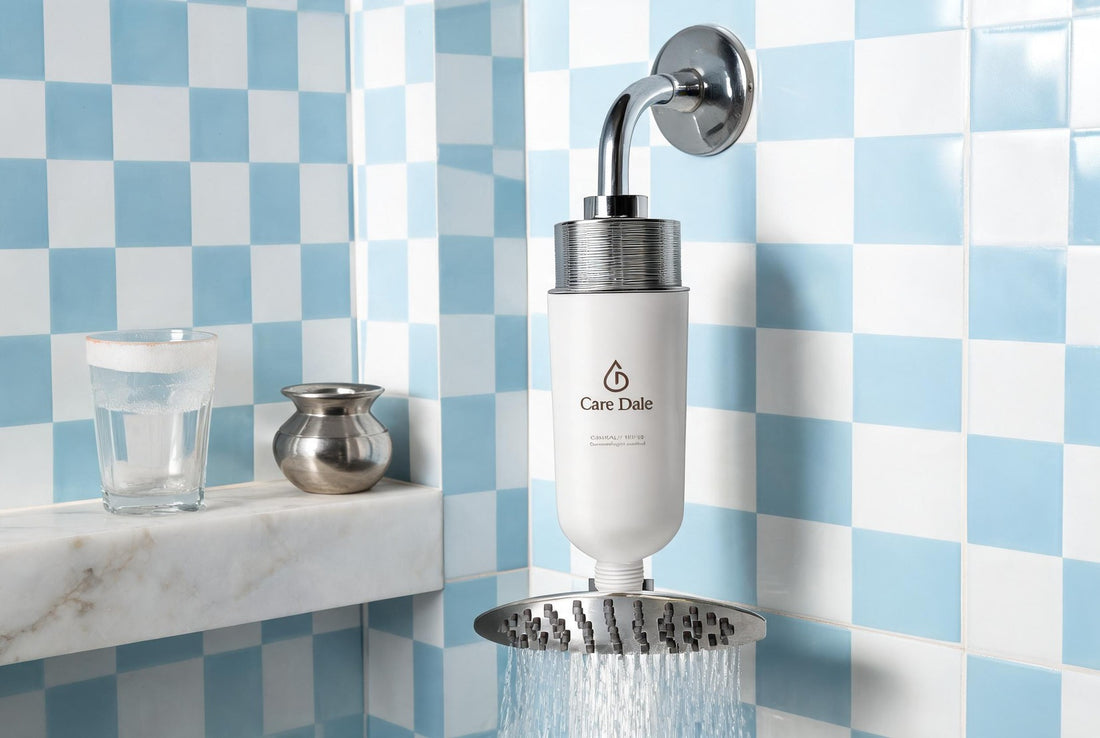 Care Dale filter on a running shower arm, beside a glass with a white limescale ring and a steel lota on a marble ledge