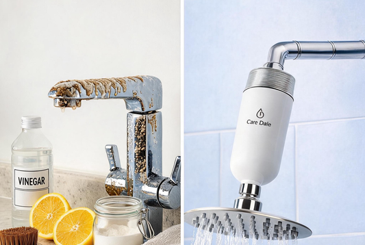 DIY hard water remedies (ACV, lemon, citric acid) compared with a Care Dale shower filter installed inline on a showerhead