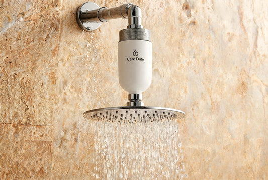 Care Dale shower filter above a showerhead with smooth skin, easing hard-water irritation linked to keratosis pilaris