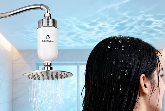 Care Dale shower filter over a woman washing dark hair - how fast hard water damages hair