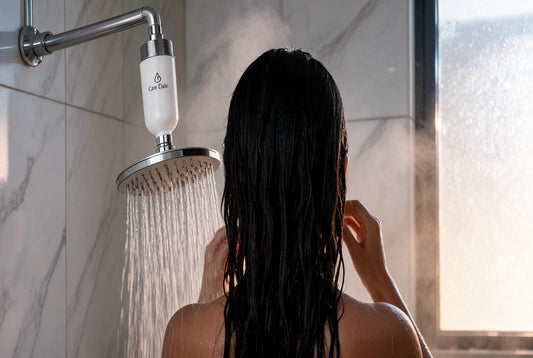 An Indian woman washes her long dark hair under filtered water flowing from a Care Dale shower filter installed on a chrome rainfall showerhead.