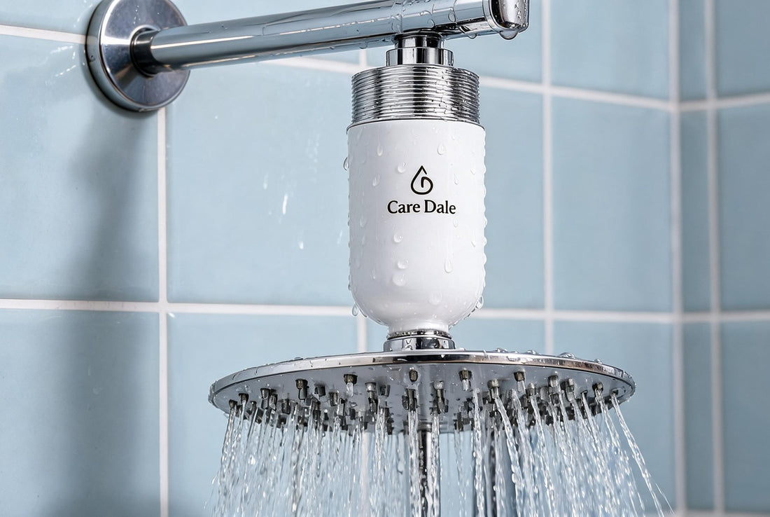 Care Dale shower filter fitted above the showerhead in a Faridabad bathroom to reduce hard water