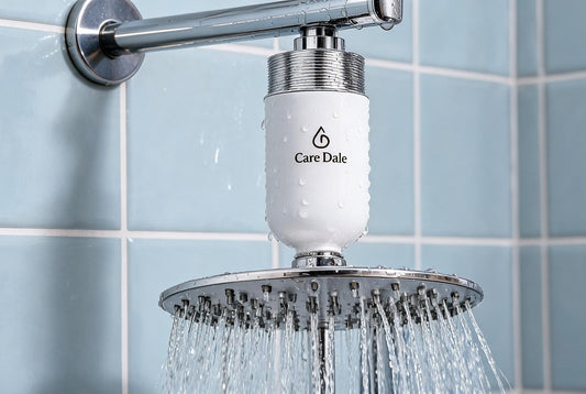 Care Dale shower filter fitted above the showerhead in a Faridabad bathroom to reduce hard water