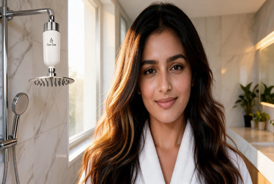 Indian woman facing camera with long dark hair and caramel balayage highlights, Care Dale shower filter visible in a premium marble bathroom behind her.