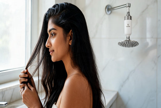 Young Indian woman in profile examining her long thick healthy dark hair at a sunlit vanity, Care Dale shower filter visible in the shower behind her.