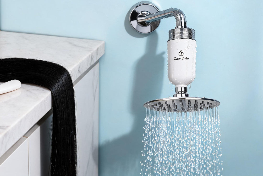Care Dale shower filter above a showerhead, reducing the hard water minerals that dull and tangle hair extensions
