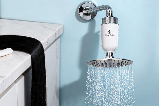 Care Dale shower filter above a showerhead, reducing the hard water minerals that dull and tangle hair extensions