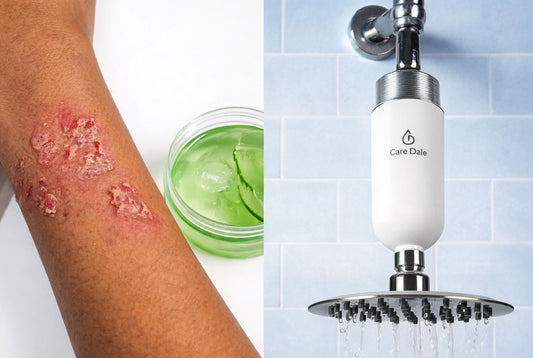 Care Dale shower filter helping reduce hard water and chlorine eczema triggers on Indian skin