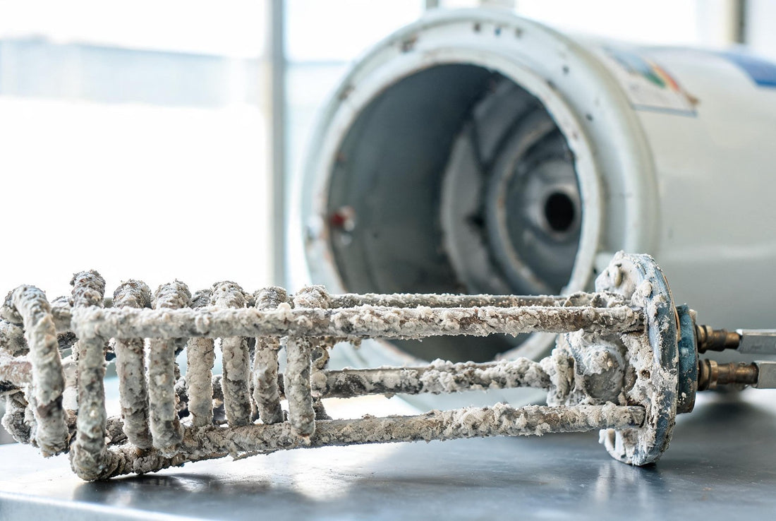 A geyser heating element encrusted in calcium scale beside an opened water heater tank