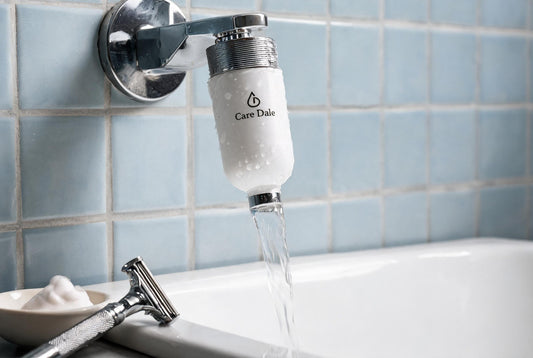 Care Dale tap filter fitted below a basin tap, beside a safety razor and a bowl of shaving lather