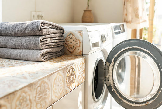 Dulled grey towels beside a washing machine with white mineral residue on the door seal