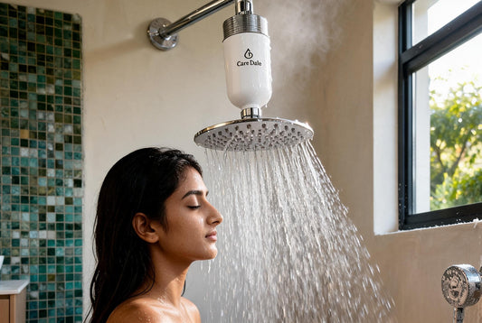 Care Dale shower filter above the showerhead in a steamy bathroom, limescale crusting the chrome fitting