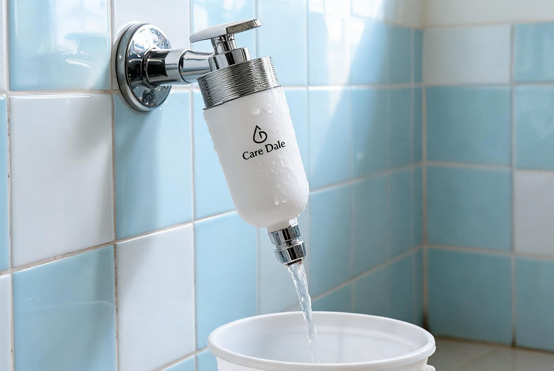 Care Dale filter fitted on a shower arm and a bathroom tap, showing how one unit covers one outlet at a time