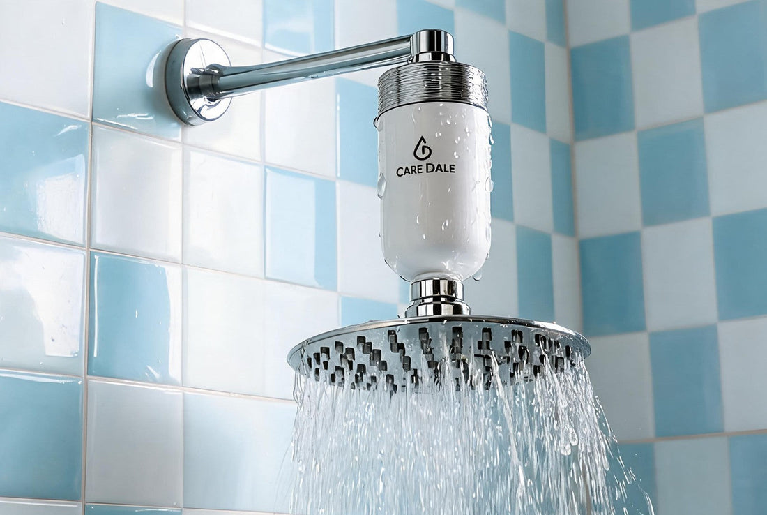 Care Dale filter fitted above a showerhead, reducing the hardness that blocks shower nozzles with limescale