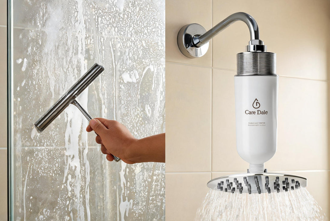 A hand squeegeeing hard water marks off shower glass beside a Care Dale filter above a running rain showerhead