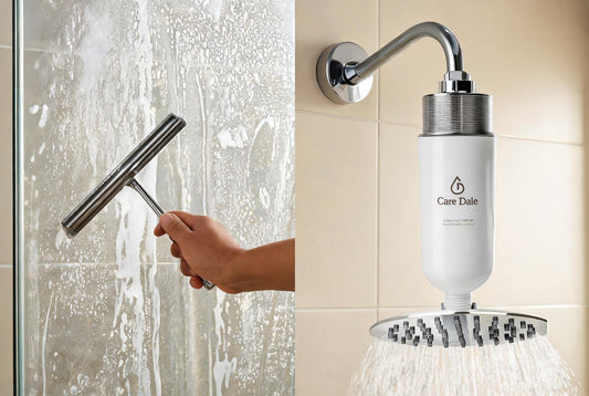 A hand squeegeeing hard water marks off shower glass beside a Care Dale filter above a running rain showerhead