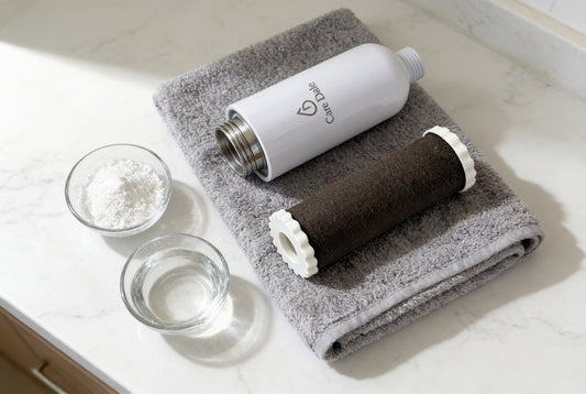 Spent Care Dale shower filter cartridge on a towel beside the housing, citric acid and water for descaling