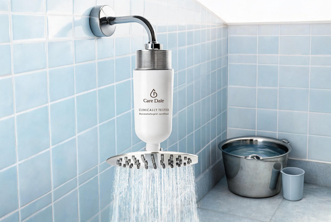 Care Dale filter between a shower arm and a running rain showerhead, with a steel bucket and mug on the floor