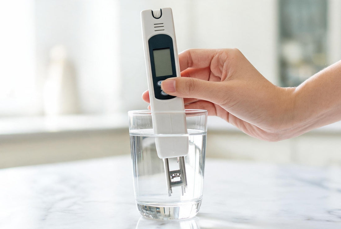 A digital TDS meter dipped into a glass of tap water to measure dissolved solids