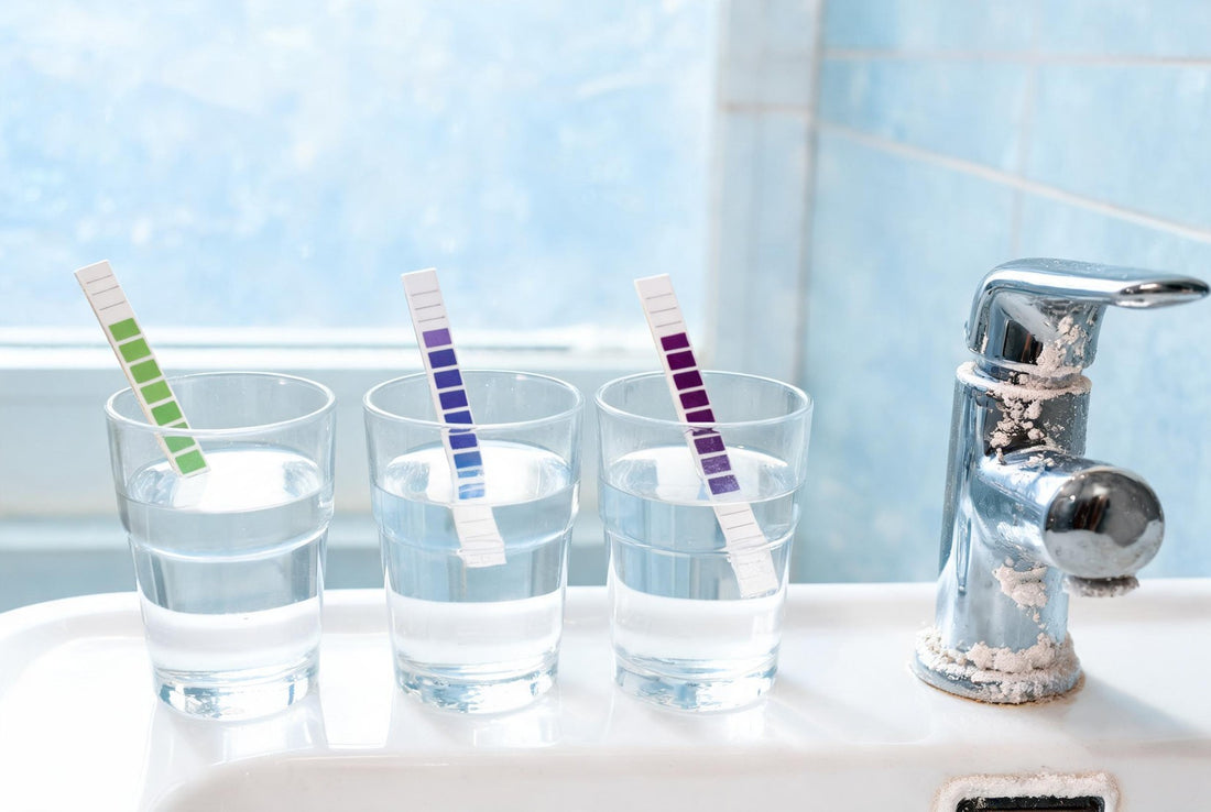 Water hardness test strips in glasses of Bangalore tap water beside a limescale-crusted chrome tap