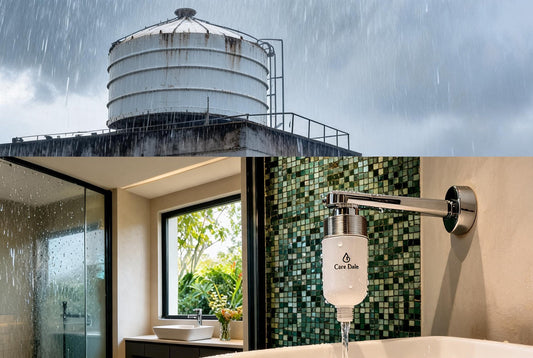 Monsoon rain on a rooftop storage tank above a bathroom tap fitted with a Care Dale hard water filter