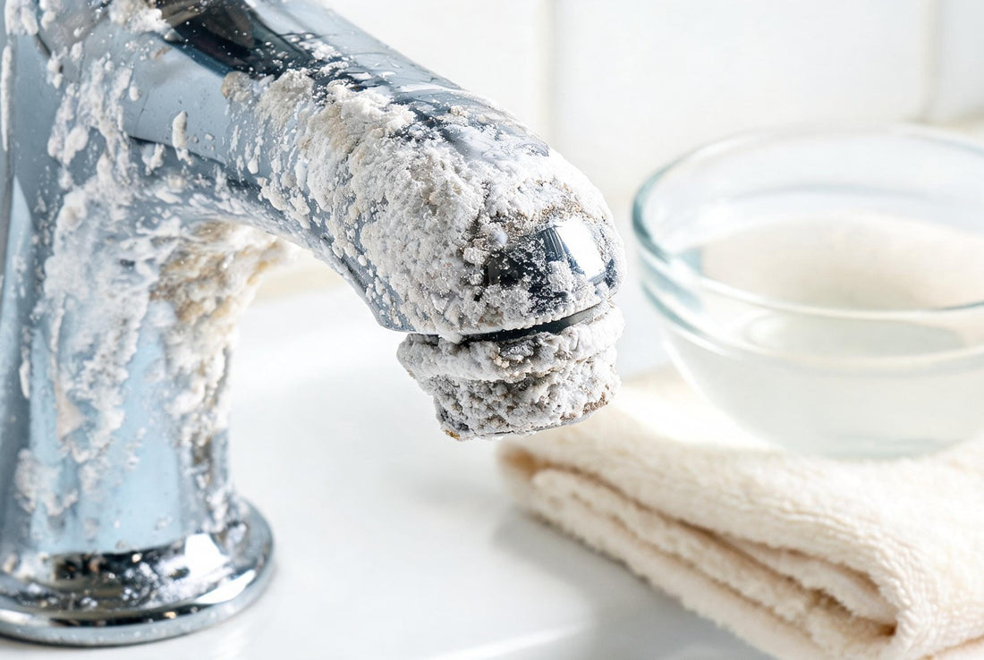 Chalky white limescale encrusting a chrome bathroom tap beside a bowl of white vinegar