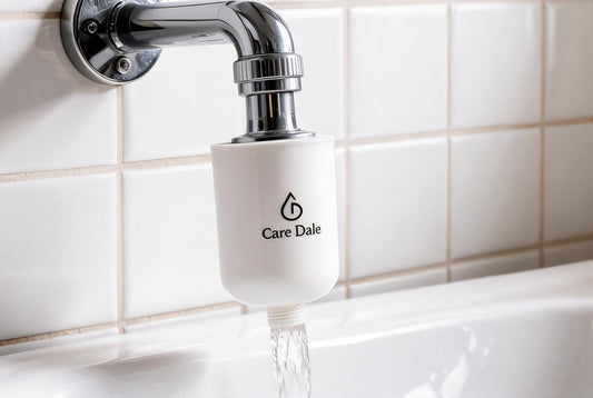 Care Dale tap filter fitted below a wall-mounted bathroom tap in a Noida home