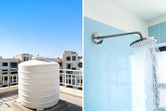 Rooftop overhead water tank beside a bathroom shower, comparing whole-tank and point-of-use filtration