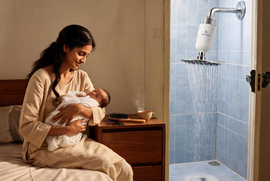 Care Dale shower filter installed on a rain showerhead in an Indian bathroom with shed dark hair strands on the tile shelf
