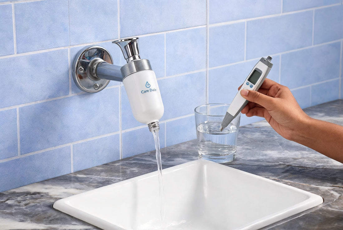 Care Dale shower filter with TDS meter showing safe water hardness for hair wash in India