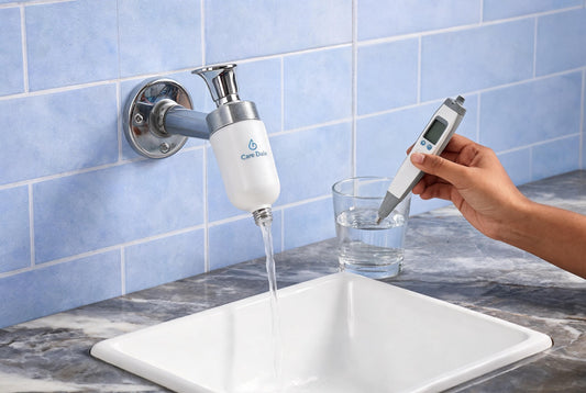 Care Dale shower filter with TDS meter showing safe water hardness for hair wash in India